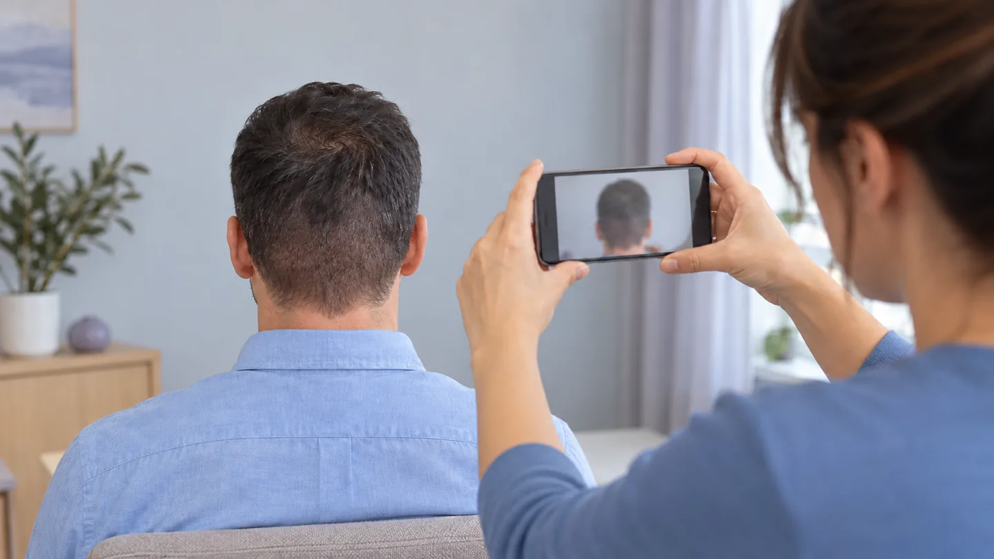 Başının arka kısmında seyrek saç görünümü bulunan bir erkeğin telefonla fotoğrafı çekiliyor.